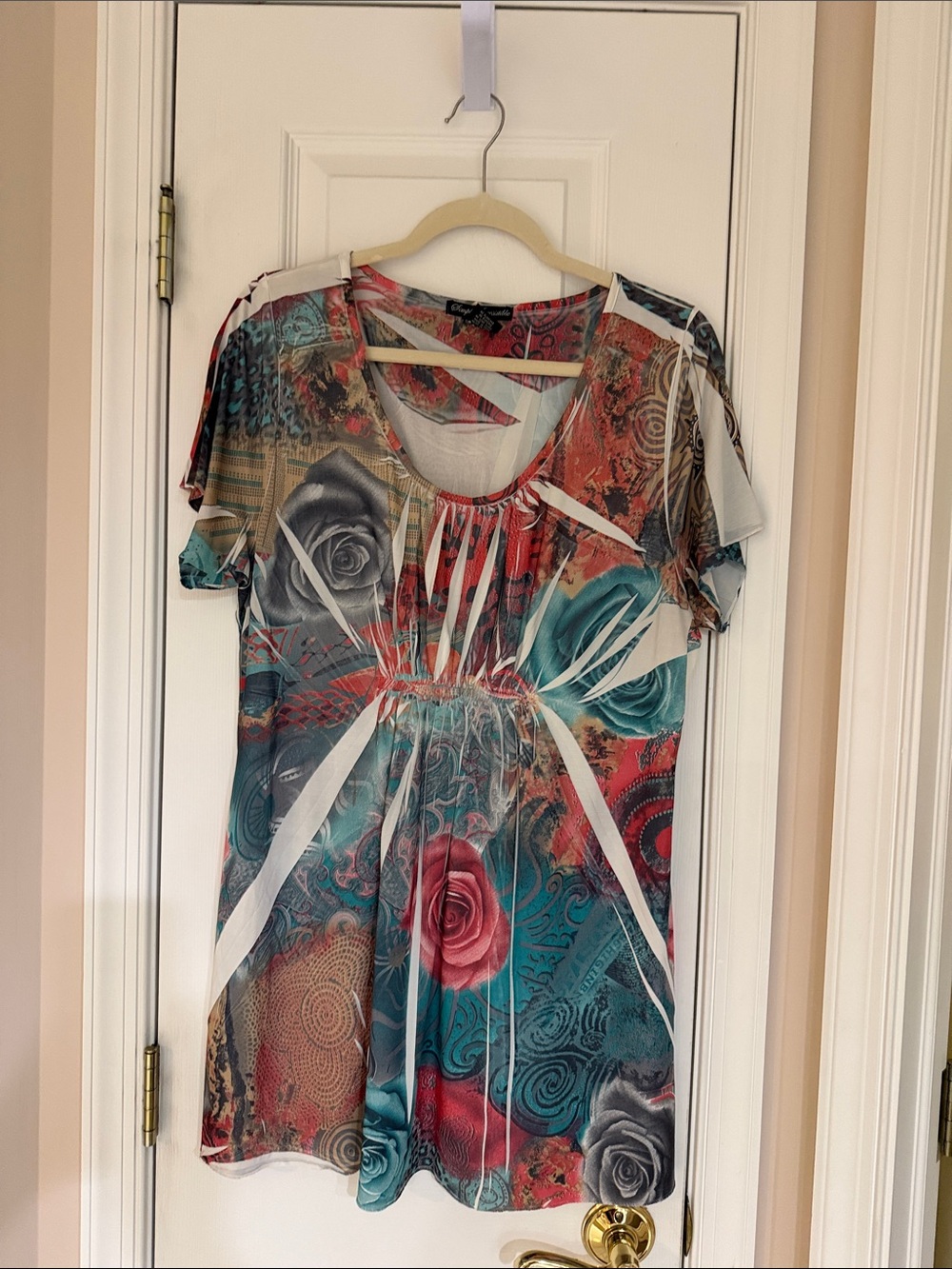 Simply Irresistible Teal, Red and Gray Floral Scoop Neck Tunic, XL